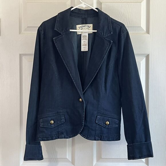 Levi Strauss Signature Denim Jacket Size M Blue Dark Wash Gold Buttons Collared - Picture 1 of 12